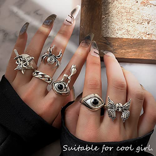 Vintage Silver  Set Gothic  Pack, Chunky Stackable Knuckle Bulk, Weeping Skull Spider Frog Butterfly Grunge