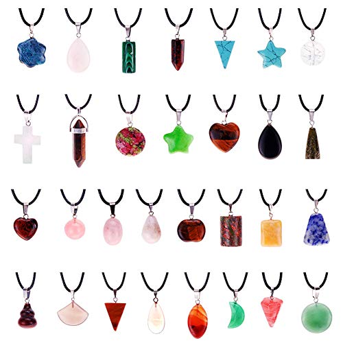 60pcs Natural Stone Pendants Charms Chakra Stone Beads Necklace w/ Leather Cord