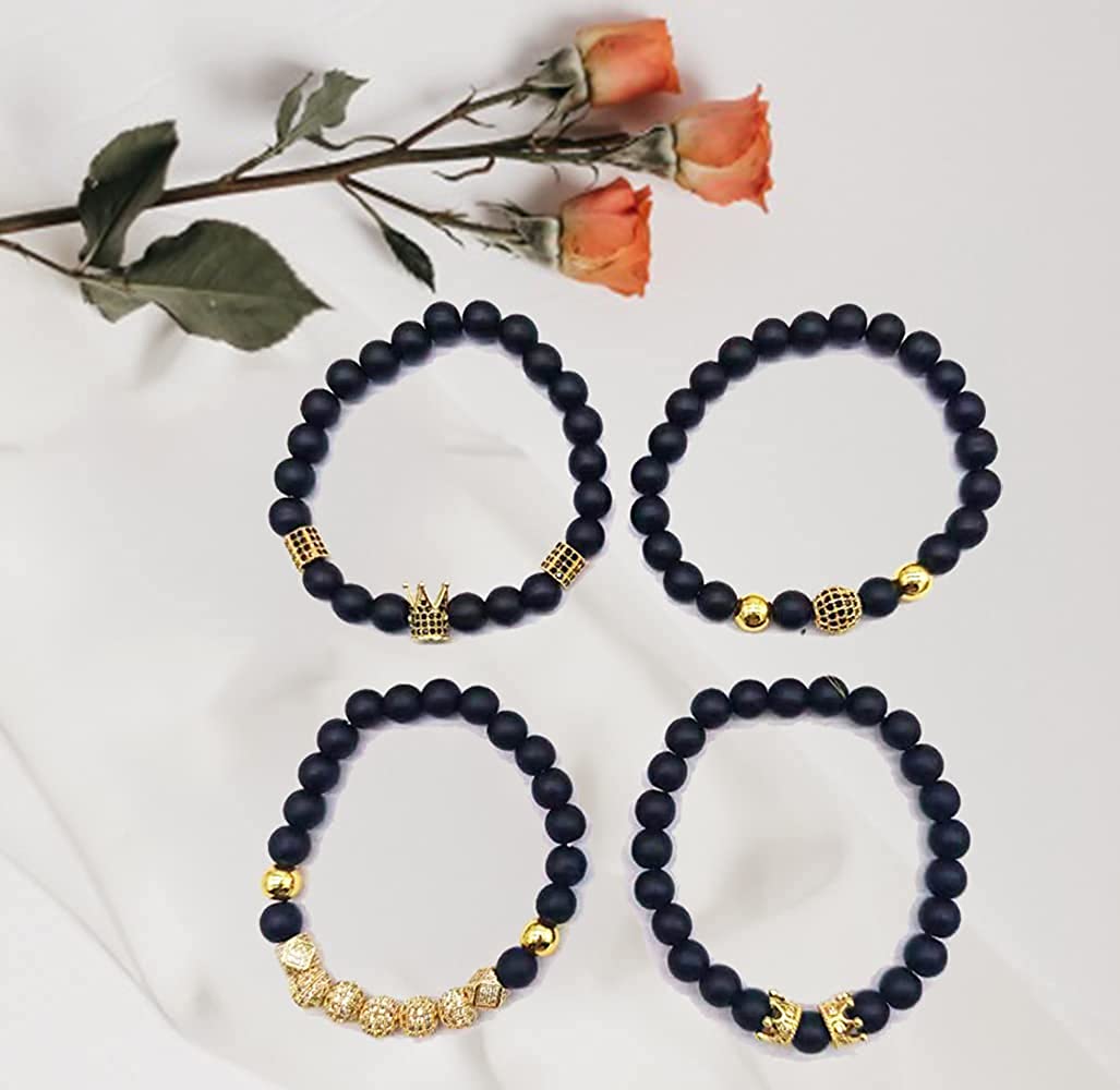 4Pcs 8mm Crown King Charm Beads Bracelet Natural Black Matte Onyx Stone Beads Elastic Adjustable