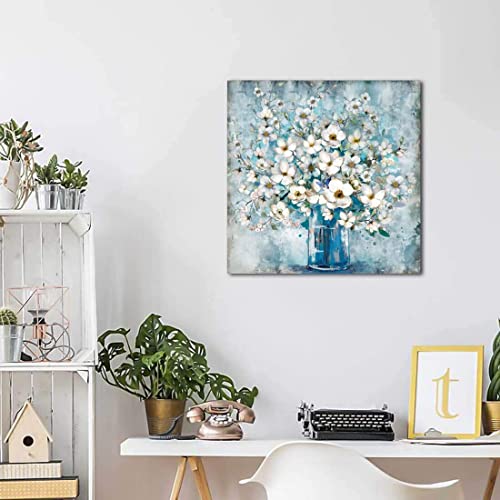 White Flower in Blue Bottle  Wall Art Canvass