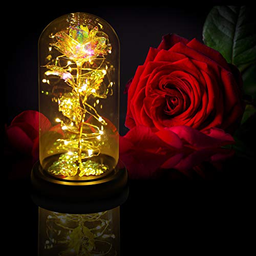 Rotating Romantic Roses Light Up Rose in Glass Dome, Spinning Colorful Artificial Rose Flower Gifts for Her