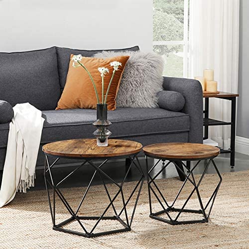 Round Coffee Table Set of 2 w/ Steel Frame Brown & Black