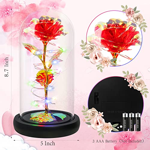 Rotating Romantic Roses Light Up Rose in Glass Dome, Spinning Colorful Artificial Rose Flower Gifts for Her