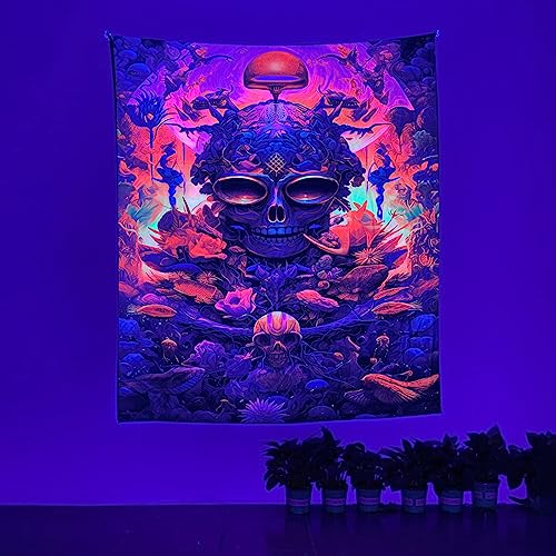 Blacklight Tapestry Sugar Skull  Halloween  UV Reactive Trippy Neon Tapestries Glow in the Dark Party Backdrop,