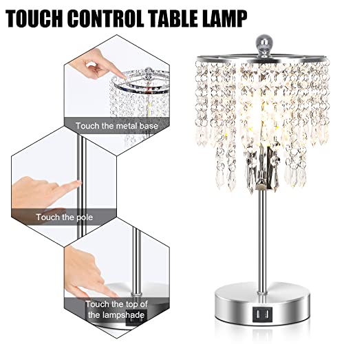 Crystal Lamp for Bedroom Set of 2, 3-Way Dimmable Touch Control w/  2 USB Charging Ports ED Bulb Included