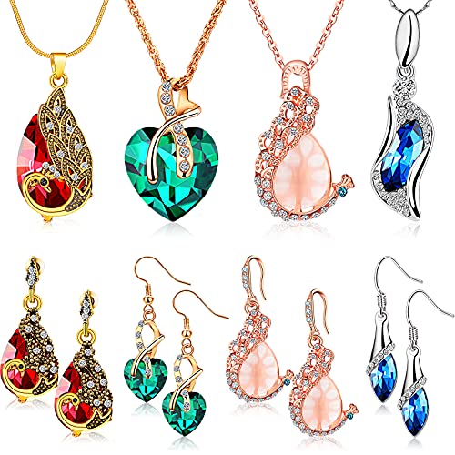 4 Sets Peacock Waterdrop Rhinestone Pendant Necklace Earrings Heart-shaped Crystal Necklace Earrings