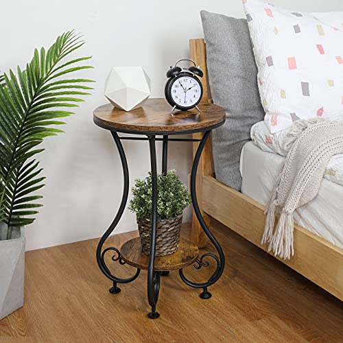 Round Side Table for Small Spaces, Rustic Brown & Black