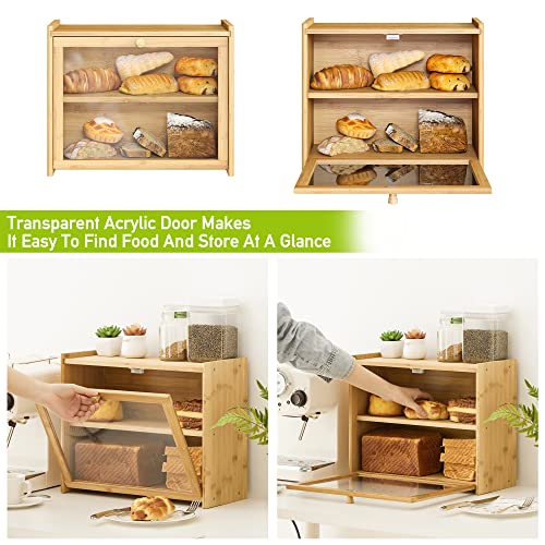 Large Bamboo Bread Box For Kitchen Counter -Double Layer