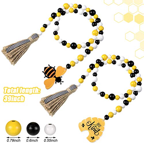 2 Pcs Bee Wood Bead Garland w/ Tassels Rustic Farmhouse Home Decorations