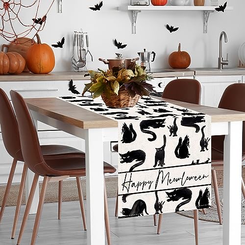 Pumpkins Cat Halloween Table Runner Trick Or Treat Kitchen Dining Table Decoration for Outdoor