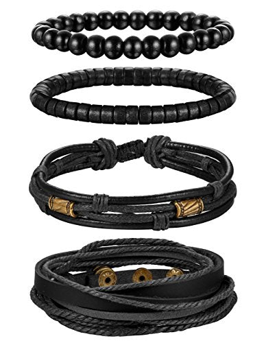 4Pcs Braided Leather Bracelet Cuff Bead Bracelet Set -Unisex