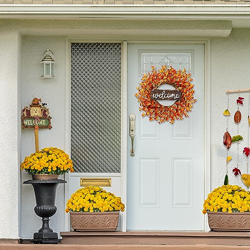 20’’ Autumn Front Door Harvest Wreath w/ Forsythia Flowers Orange Berries Welcome Sign for Thanksgiving Fall Decor