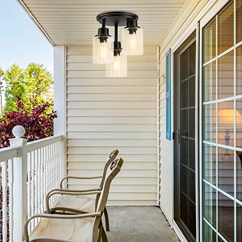 Semi Flush Mount Ceiling 3-Light Fixtures, w/ Clear Seeded Glass Shade