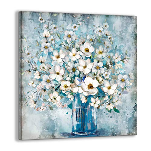 White Flower in Blue Bottle  Wall Art Canvass