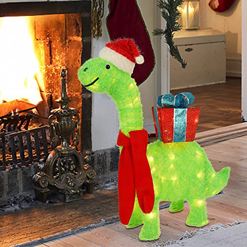 Lighted Christmas Green Dinosaur w/ Gift Box Decoration