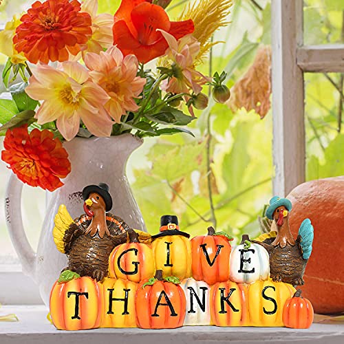 Thanksgiving Hand-Painted Give Thanks Pumpkin & Turkey, Resin Figurine Turkey Harvest Decorations