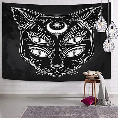 Tapestry Black Cat Head Portrait Moon and Four Eyes Eyed Home