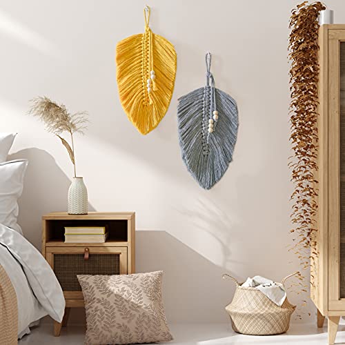 Cotton Macrame Feather Leaf w/  Wooden Beads Wall Decoration