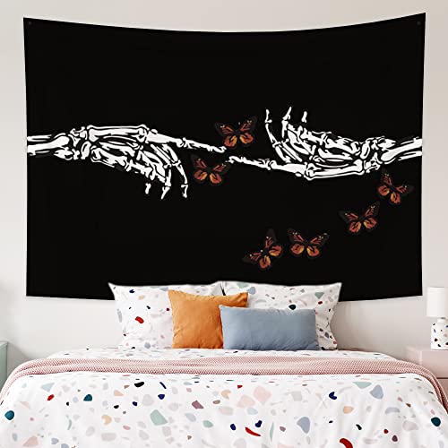 Skeleton Tapestry Butterfly Wall Hanging Black and White Finger Bones Sign Hand Trippy