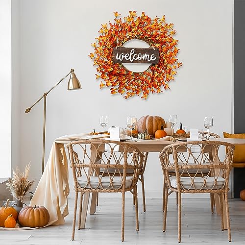 20’’ Autumn Front Door Harvest Wreath w/ Forsythia Flowers Orange Berries Welcome Sign for Thanksgiving Fall Decor