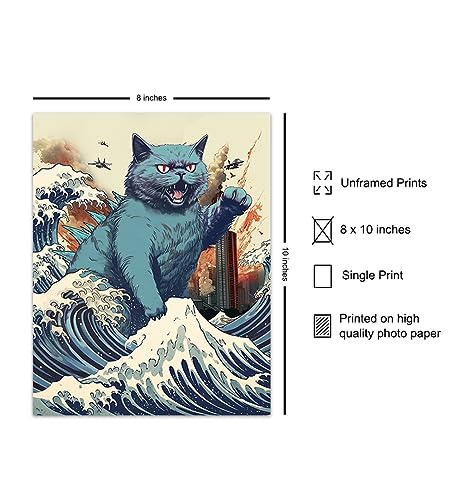 Vintage Funny Cat Wall  Catzilla Japanese  The Great Wave off Kanagawa  Cute Cat Stuff  Cat Wall