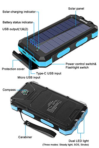 Portable Solar Power Bank for Cell Phone, Dual 5V/2.1A USB Ports Output, 2 Led Flashlight, Perfect for Outdoor Activities