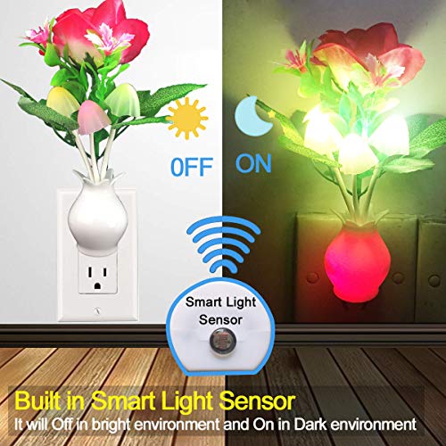 [2 Pack] Plug-in Flower LED Mushroom Night Light Lamp w/ Dusk to Dawn Sensor