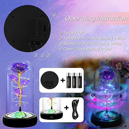 Rotating Romantic Roses Light Up Rose in Glass Dome, Spinning Colorful Artificial Rose Flower Gifts for Her