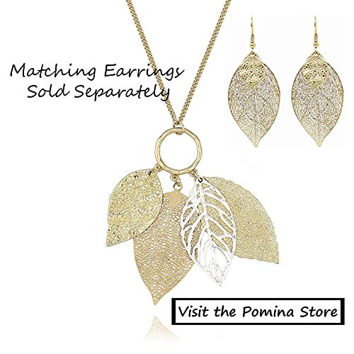 Two Tone Filigree Fall Leaf Pendant Long Necklace for Women