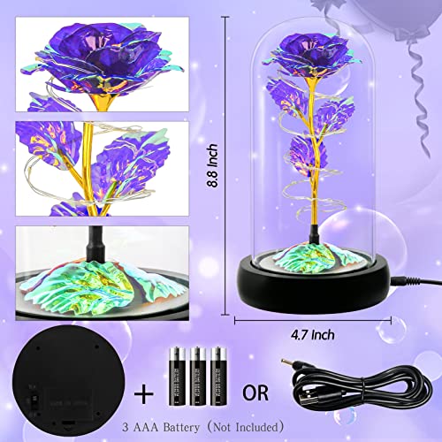 Rotating Romantic Roses Light Up Rose in Glass Dome, Spinning Colorful Artificial Rose Flower Gifts for Her