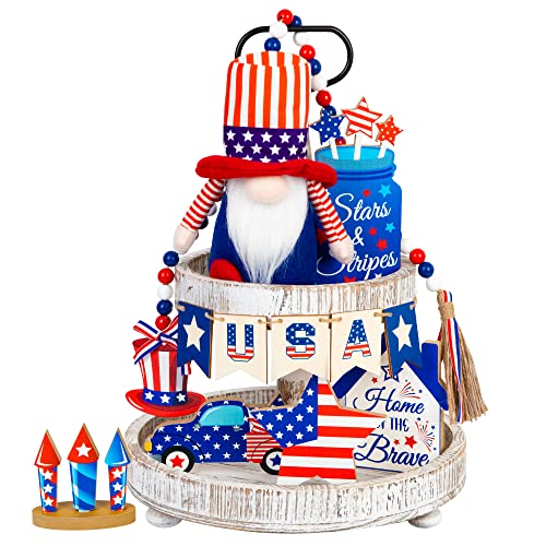 12 PCS 4th of July Patriotic Tray Decor American Flag Gnomes Plush Bead Garland Star Party Shelf Table Centerpiece