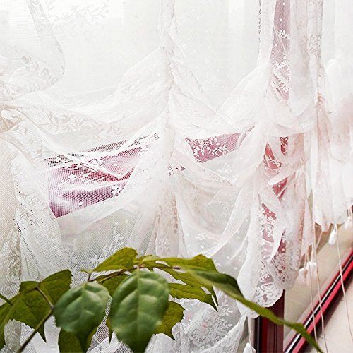 Lace Balloon Curtain White Adjustable Tie-Up Curtain Shade, Embroidered Semi Sheer 1 Panel