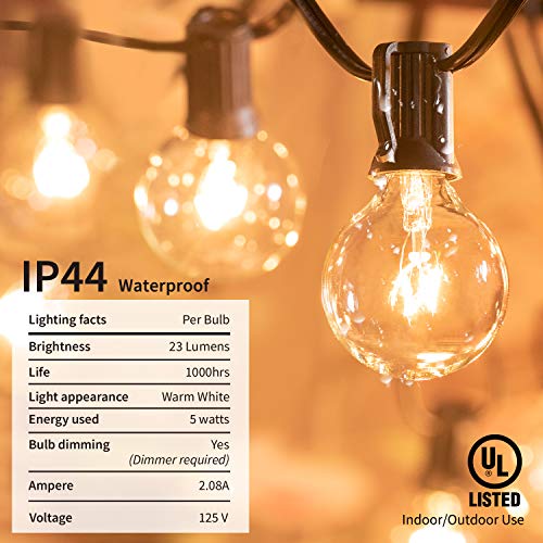 50Feet G40 Outdoor String Lights w/52 Clear Bulbs(2 Spare), UL Listed Connectable