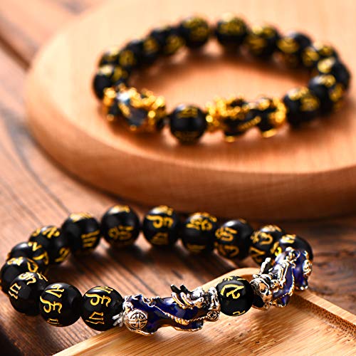 2 Pieces 12 mm Feng Shui Bead Bracelet with Hand Carved Black Amulet