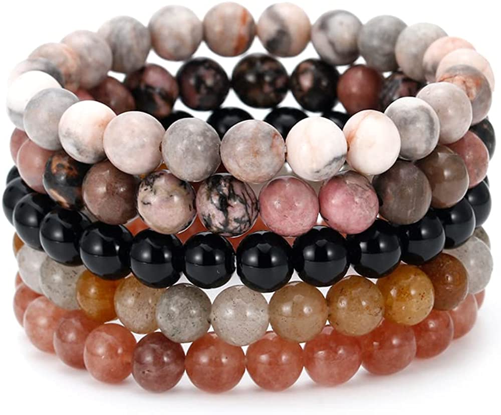 5PCS Semi-Precious Gemstone Bracelet - Healing Crystal Stone Beaded Bracelets for Women Men 8mm