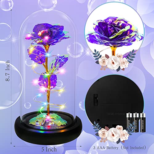 Rotating Romantic Roses Light Up Rose in Glass Dome, Spinning Colorful Artificial Rose Flower Gifts for Her