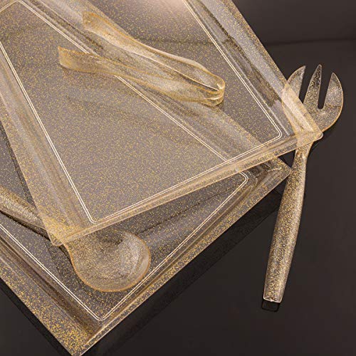 24 Pack Plastic Gold Glitter Serving Tray w/ Disposable Utensils