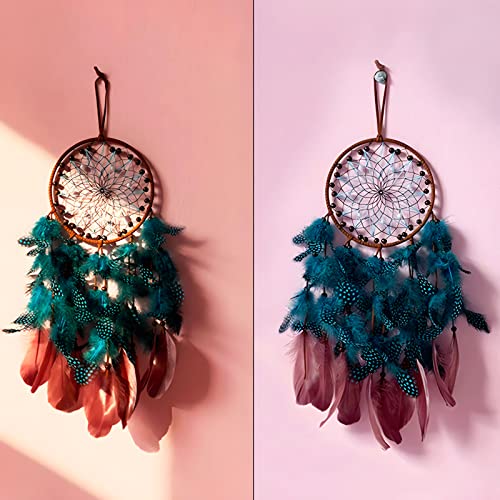 Dream Catcher Boho Sun Dream Catcher Peacock Green Feathers with Handmade Pearl and Wooden Beads,