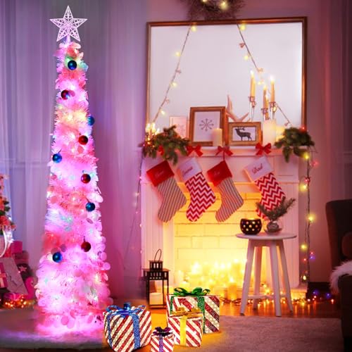 Dual Color Change Lights & Timer - 5 Ft Tinsel Christmas Tree Ball Ornaments Star Pop up Christmas Tree Battery