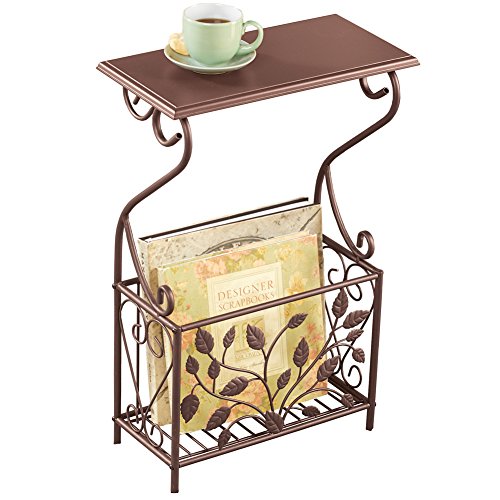 Scroll Leaves Iron & Wood Magazine Holder Side Table, Bronze