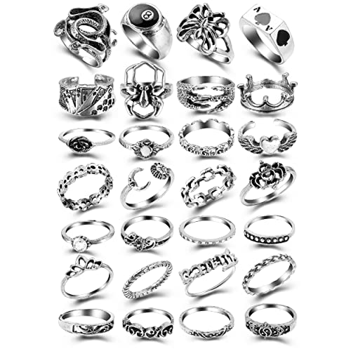 Cool Silver Vintage Gothic Punk Rings Set for Men Girls Women