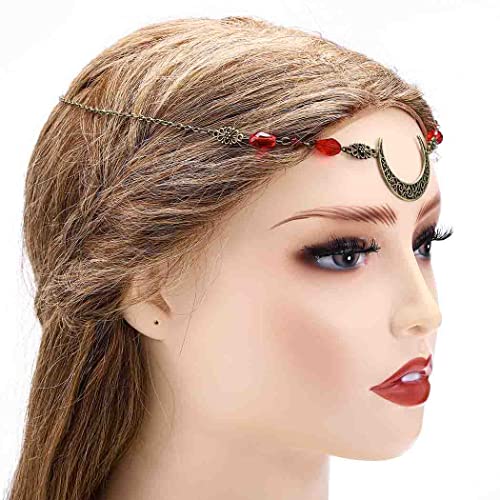 Boho Crescent Moon Head Chains Vintage Headpieces w/ Crystal Hair Chain