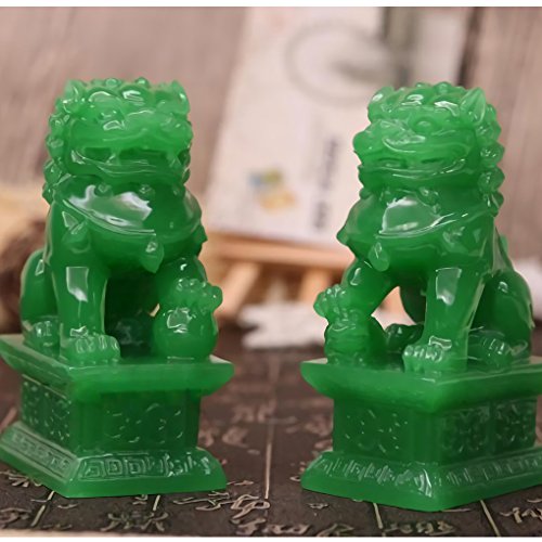 Feng Shui Prosperity Statues 2 PCS Fu Foo Dogs Pair of Green Guardian Lion