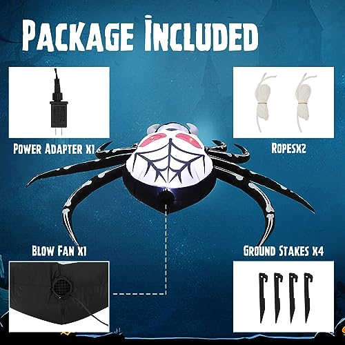 Halloween Inflatable Skull Face Spider Scary Creepy, Blow Up Spider with Built-in LED