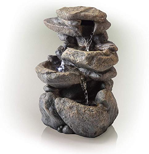 11" Tall Indoor 3-Tier Tabletop Stone Water Fountain w/ LED Lights, Gray