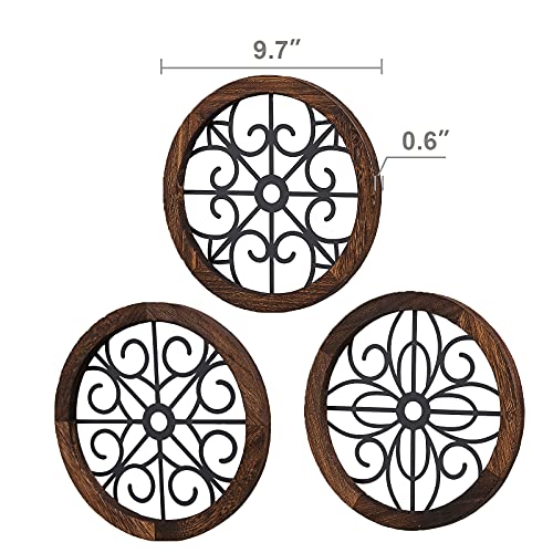 3 Pack Rustic Wall Decoration Round Wall Art Geometric Scrolled Metal w/ Wooden Frame-Brown