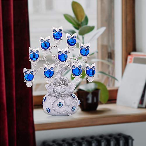 Turkish Evil Eye Tree with Silver Lucky Bag Owl Figurine