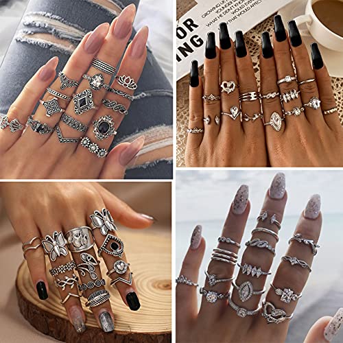 78 PCS Vintage Silver Knuckle Stackable Bohemian Midi Butterfly Snake Crystal Rings Set