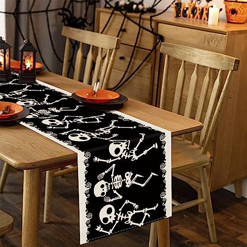 Halloween Table Runner Skeleton Dancing Funny Black Linen Seasonal Halloween