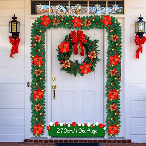 Artificial Christmas Garland, Green Rattan with Red Flower Decorations and Battery Operated LED Lights